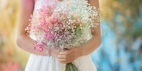 Wall Mural - A woman is holding a bouquet of flowers in her hand. The flowers are pink and white and are arranged in a way that makes them look like they are blooming