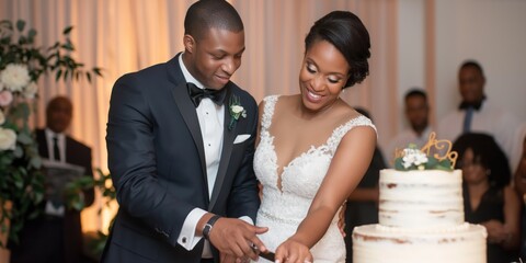 Wall Mural - A man and woman are cutting a wedding cake together. The bride is wearing a white dress and the groom is wearing a black suit. The cake is decorated with a flower