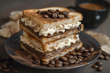 Wall Mural - Creamy tiramisu cake layered with coffee cream and decorated with coffee beans on a plate