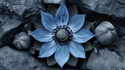 Poster -   A large blue flower atop a rocky mound, alongside smaller gray-black stones