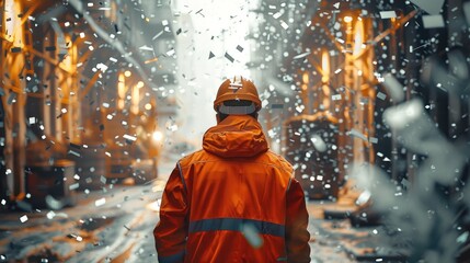 Poster - Rear view, a construction worker at a beautiful construction site in the afternoon surrounded by silver confetti in summer day nowness style. Generative AI.