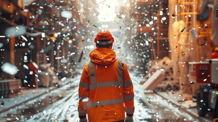 Poster - Rear view, a construction worker at a beautiful construction site in the afternoon surrounded by silver confetti in summer day nowness style. Generative AI.