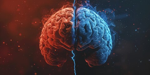 Poster - Digital illustration of a human brain with red and blue hemispheres, representing contrast and creativity