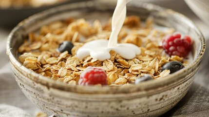 Poster -   A bowl of granola with yogurt, berries, and blueberries is being poured