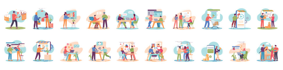 Aufkleber - Mega set of soft color concepts with people scene in flat cartoon design. A huge selection of colorful illustrations with scenes with men and women on various topics. Vector illustration.