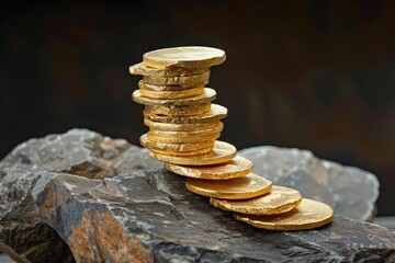 Sticker - Stack of gold coins is forming an upward trend on rocks symbolizing the growth of investments