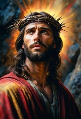 Wall Mural - Jesus Christ wearing a crown of thorns. Biblical Resurrection of Jesus Christ