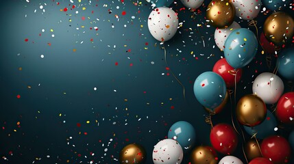 Wall Mural - Festive background with multiple balloons and confetti in various colors, celebration or party on dark blue background with copy space for text