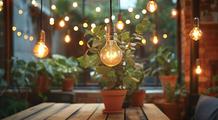 Poster - Vintage light bulbs hanging over a wooden table in a cozy room with potted plants and string lights in the background. Generative AI.
