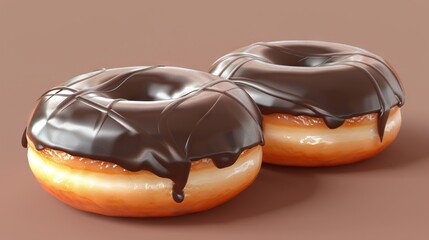 Wall Mural -   Two glazed donuts with chocolate drizzled on top each donut against a brown-pink background