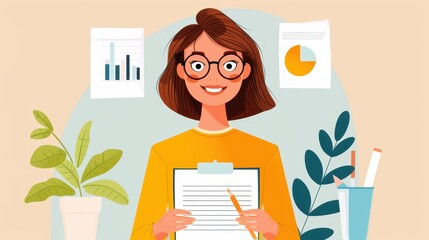 Woman holding a clipboard, surrounded by plants and charts, representing work or business environment with focus on documentation and analysis. Digital illustration.