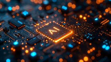 Poster - close-up of an ai chip on a circuit board, glowing orange and blue lights. advanced technology and a