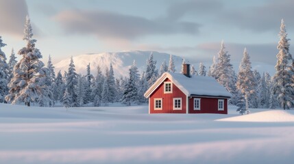 A red cabin is in the snow, surrounded by trees