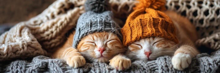 Wall Mural - Two cats wearing hats are sleeping on a blanket. The hats are orange and gray. The blanket is made of yarn