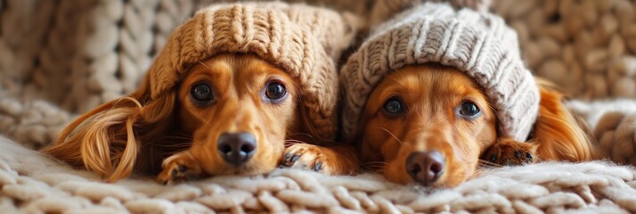 Wall Mural - Two dogs wearing hats and resting on a blanket. The dogs are brown and have big eyes. The blanket is soft and cozy