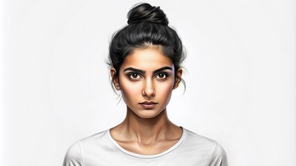 Serious and confident Indian female model with dark hair styled in a bun and calm expression poses in a casual t-shirt against a pure white background.