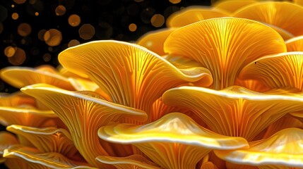 Poster -   A yellow mushroom cluster in sharp focus against a softly blurred background