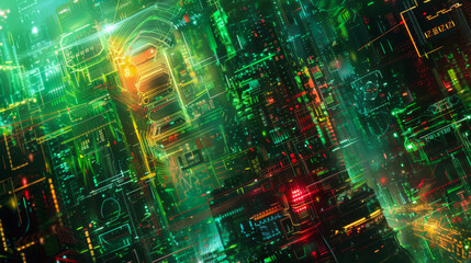 Aufkleber - A computer generated image of a city street with a bright blue sky. The street is filled with neon lights and the buildings are tall and colorful. Scene is futuristic and energetic.