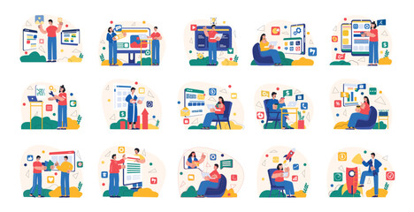 Aufkleber - Mega set of colorful simple concepts with people scene in flat cartoon design. Career, social media, medicine, science and many other topics are depicted in this collection. Vector illustration.