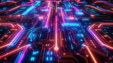 Poster - Vibrant abstract circuit board design featuring glowing lines and intricate patterns, perfect for technology and digital themes.