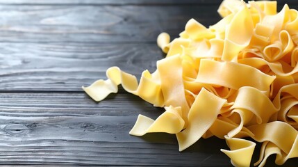 Canvas Print -   A stack of uncooked pasta on a wooden table with another pile nearby