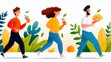 Three individuals run with healthy drinks and slices of fruit in hand, promoting an active lifestyle and the incorporation of healthful nutrition into daily routines.