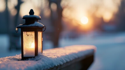 Wall Mural - A candle is lit in a lantern on a snowy ledge