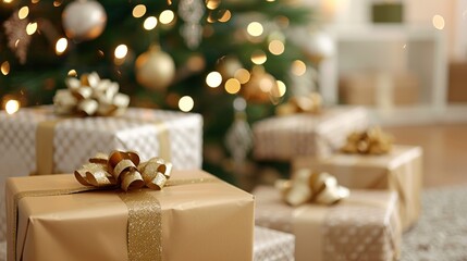 A Christmas tree with gold bows on the presents