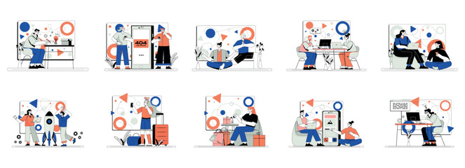 Poster - Mega set of geometric linear concepts with people scene in flat cartoon design. The topics of these simple illustrations include business, startup, travel, job and more. Vector illustration.