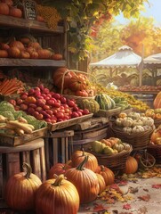 Poster - A farmers market stall overflowing with pumpkins, autumn vegetables, and fruits, all bathed in the warm light of a sunny autumn day. Generative AI