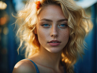 Wall Mural - Beautiful young woman with freckles against a bright bokeh background, radiating freshness and joy. Energy and life in every detail