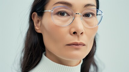 Canvas Print - Portrait of a mature Asian girl with transparent glasses, on white background, studio shot.