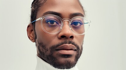 Canvas Print - Portrait of a 40s black man posing with transparent glasses on white background.