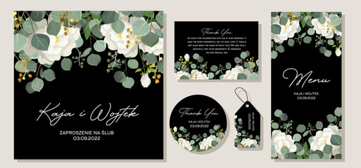 Wall Mural - Black wedding Invitation, menu, label, envelope. Floral design green watercolor eucalyptus leaves, foliage greenery decorative print. Vector elegant cute rustic