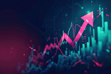 Digital mint arrow up with stock market graph and growth chart on dark background, fuchsia accents, vector illustration, flat design, detailed, , professional lighting, cinematic shot.