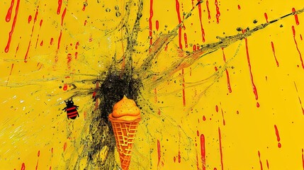 Poster -  Ice cream cone painting with bee and drips