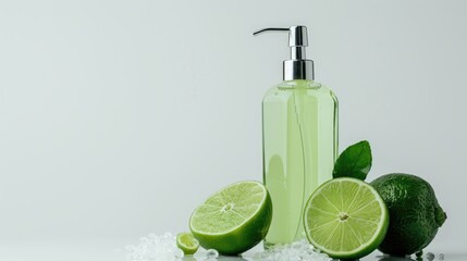 Poster - Shower gel bottle with lime on white backdrop