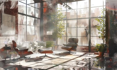 Industrial Chic: Sunlight and Steel An industrial chic living room where large windows allow sunlight to filter through trees, casting dynamic patterns on exposed brick walls and metal accents. 