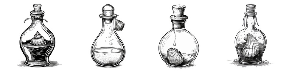 Collection of Potion bottles magic vector. Vintage witch game alchemy sketch with shells. Magician line drawing. Witchcraft halloween antidote potion isolated on transparent or white background