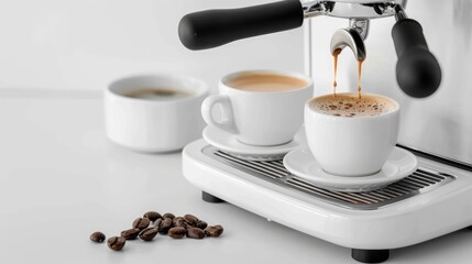 Poster - White espresso cups and espresso machine brewing coffee in a white background