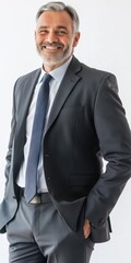 Wall Mural - A man in a suit and tie is smiling and posing for a photo. Concept of professionalism and confidence, as the man is dressed in a business suit and tie. The smile on his face suggests that he is happy