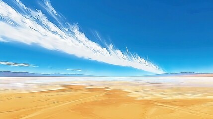 Sticker -  A painting depicts a desert landscape under a clear blue sky, dotted with white clouds