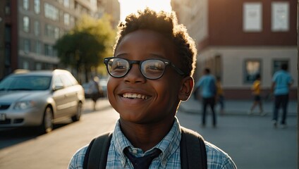 Portrait of a happy dark-skinned schoolboy child with glasses On the street of the city in the sunlight. Back to school, correction of pupil eyesight