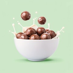 Close up chocolate balls with milk splashes in a bowl. Breakfast food illustration.