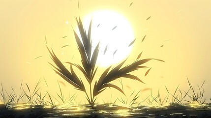 Sticker -   The sun sets over a water body with reeds in the foreground and grass in the background