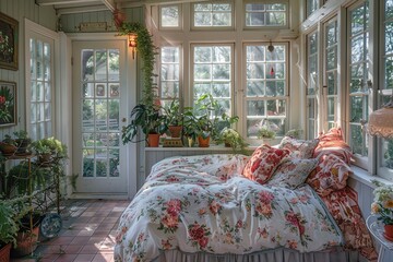 Poster - Cozy sunroom with floral bedding, surrounded by lush green plants and abundant natural light from large windows.