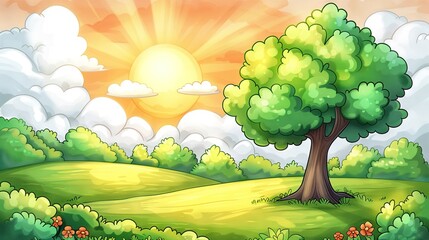 Sticker -   A vibrant cartoon illustration featuring a solitary tree standing tall amidst a lush green field, with the golden sun beaming down from a clear blue sky above