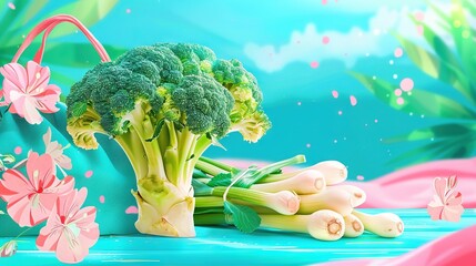 Wall Mural -   A table with a pile of broccoli and broccoli florets nearby