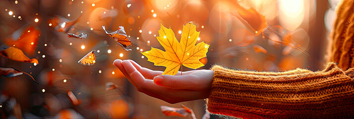 Wall Mural - yellow leaf in female hand, magical autumn landscape unfolds with yellow and orange leaves, panorama forest, mysterious mystical landscape, blank for designer