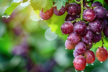 Wall Mural - Micro close up of a fresh Grape fruits hanged on tree with water drops dew as wide banner with copy space area